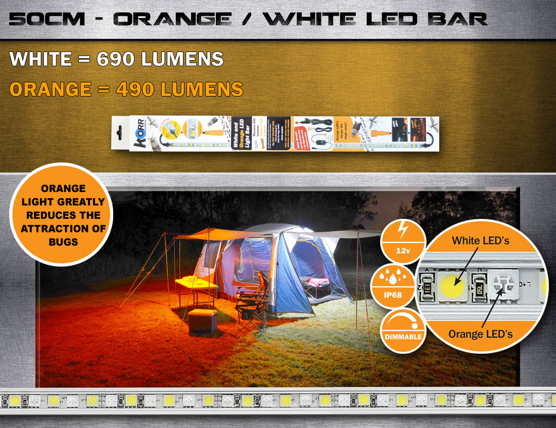 6 Bar Orange/White LED Camping Light Kit With Diffusers